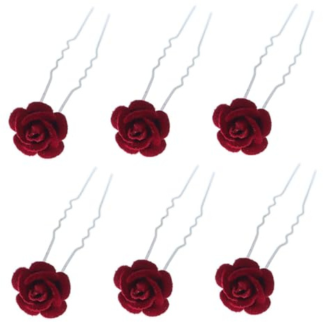 VALICLUD 6 pièces Épingles à Cheveux Vintage Rose Velours Rouge Accessoires Fleurs pour Mariée et Demoiselle Pinces U Forme de Fourche pour Coiffure Élégante Cadeau