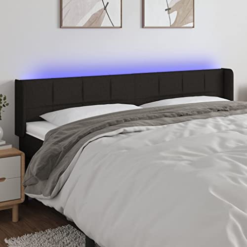 LoogCape Svart LED-sänggavel, 203 x 16 x 78/88 cm, tygvadderad, höjdjusterbar, med skurna LED-remsor, för sovrumssängar