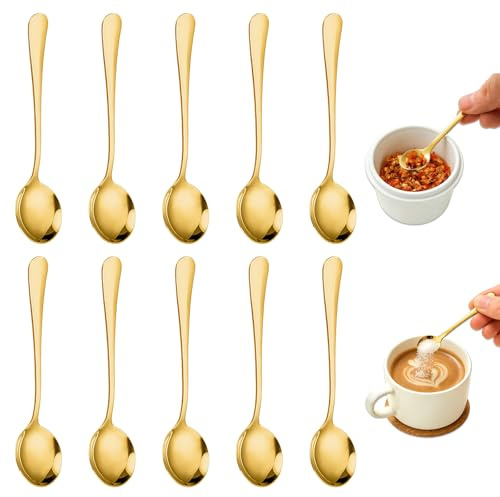 10 Stück Mini Edelstahl Löffel 7.5 cm, Spezieller Salzlöffel, Espressolöffel Mini, Kleiner Dessertlöffel Teelöffel Gold, Gewürzlöffel Mini Löffel Lackiert für Gewürze, Salz, Zucker, Honig, Tee