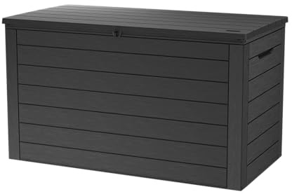 Keter Ontario Aufbewahrungsbox 570L Graphit – Wetterfeste Gartenbox in Holzoptik mit Gasdruckfedern – UV-beständige, abschließbare Kissenbox für Innen- & Außenbereich