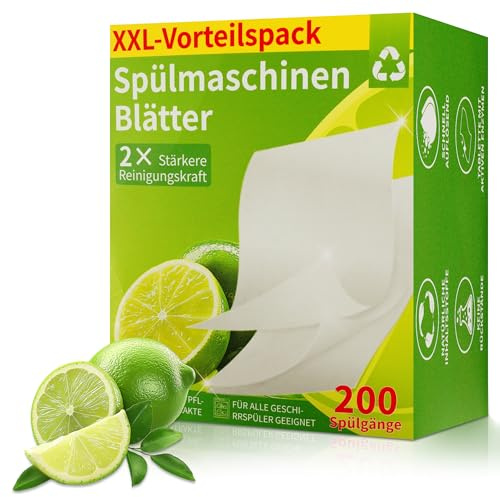 Spülmaschinen Blätter, 200 Stück Spülmaschinenblätter Biologisch Abbaubar Plastikfrei, Spülmaschinentabs Ersatz Tabs für Geschirrspüler Kraftvolle Reinigung Spühlmachaschinen Tabs