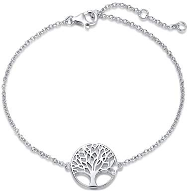Baum des Lebens Armband aus Solide 925 Sterling Silber 15mm Durchmesser Charm Bracelet Einfach Minimalistisch Geschenk Schmuck für Damen Mädchen - Verstellbar Armkette: 16 + 3 cm