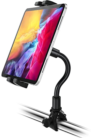 Laufband Tablet Halterung, woleyi Fitnessstudio Heimtrainer Tablet Halter Ständer mit Schwanenhals, für iPad Pro 9.7 10.5 11, Air Mini 5 4 3 2, Galaxy Tabs, iPhone, 4-11 Handys und Tablets