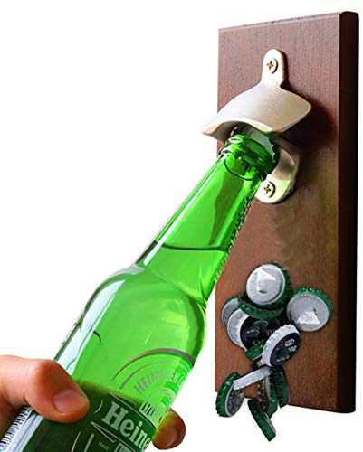 Montage Mural Décapsuleur, Ouvre-Bouteilles en Bois avec Cap Catcher,Style Vintage Décapsuleur pour Bar, Cuisine, Maison, Garage, Terrasse, Cadeau pour Père et Ami