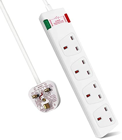 ExtraStar 4 Way Extension Lead with Surge Protection, 13A/250V~ Multi Sockets Power Strips, 3120W Fused UK Plug Wall Mounted Power Socket with 5M Extension Cord-White