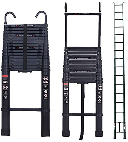6.2M/20.5FT Telescopic Ladder Aluminum Folding Ladder with Detachable Hooks Attic Ladder Collapsible Ladder Easy to Retract for Home Use Business Roof RV Outdoor Activities EN131 CE Standards (Black)