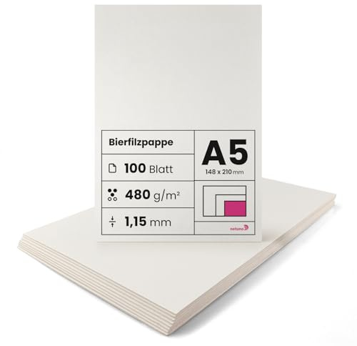 Netuno 100 Blatt Bastelpappe Creme-Weiß DIN A5 14,8 x 21 cm 1,15 mm 480g finnische Holzpappe Finnpappe Bierfilz Bierdeckel cremefarben dicker Karton zum Basteln Buchbinderarbeiten