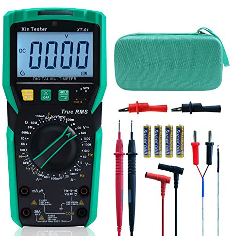 Xin Tester Digital Multimeter Electric Tester Voltmeter Auto Ranging TRMS 6000 Counts AC DC 1000V 20A Professional Ohm Volt Amp Multimetro Capacitance Temperature Measure LCD Display