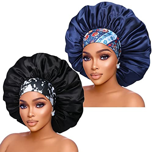Silk Satin Bonnet Hair Cap: 2pcs 17inch Diameter Extra Large Jumbo Sleeping Satin Bonnets with Comfortable Flower Band - High Density Satin Bonnets for Women Braids Curly Night Cap (Black & Navy)