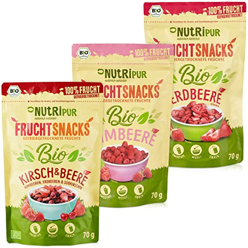 Gefriergetrocknete Früchte BIO: 3x70g Gefriergetrocknete Erdbeeren – Getrocknete Himbeeren – Kirschen Gefriergetrocknet – Trockenobst Mischung von NutriPur