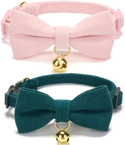 YUDOTE Ultra-weiches Halsband aus natürlichem Baumwollcord für Katzen mit empfindlicher Haut, leichtes Kätzchenhalsband mit Schnellverschluss und Abnehmbarer Schleife,Grün,Flieder,2er Pack