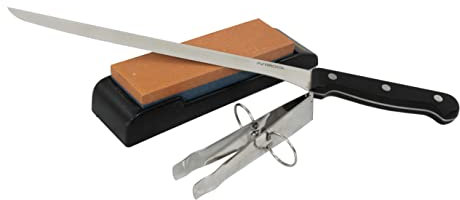 Fackelmann Set Cuchillo Jamonero Nirosta Mega 24/36 cm Acero Inoxidable para Cortar Jamón en Finas Lonchas, Piedra para Afilar Cuchillos Nirosta de 14x5 cm y Pinza para Jamón 11 cm Acero Inox.