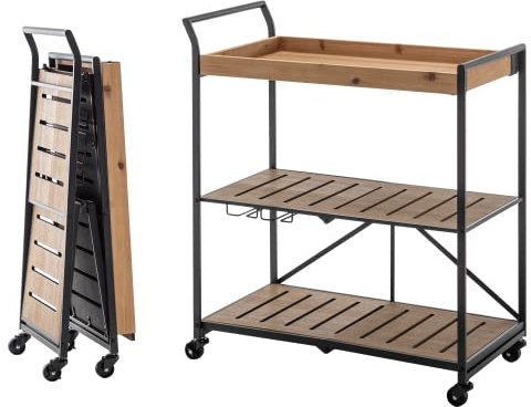 MELLCOM Folding Bar Cart Kitchen Serving Cart on Lockable Wheels 3-Tier Rolling Utility Cart with Glass Holders for Home Kitchen, Rustic Brown