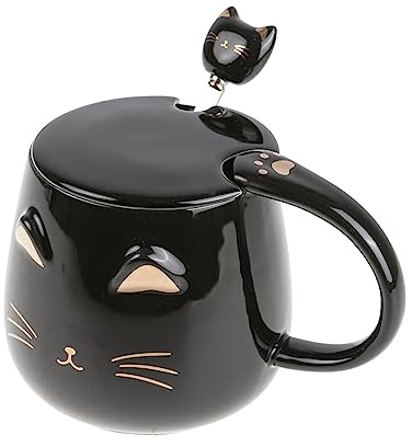 lachineuse - Kawaii kattmugg 450 ml - kattmugg med lock och sked - svart och guld keramisk färg - kaffe- te infusionsmugg - original japansk mugg - presentidé Japan asiatisk kattunge söt