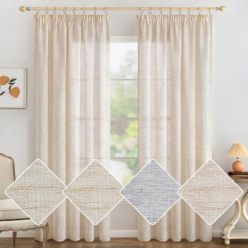 MIULEE Leinen Gardinen Vorhänge mit Kräuselband Gardine Vorhang Leinenoptik kräuselband Wohnzimmer Modern Voile Schienensystem Schlafzimmer 2er Set Weißer Reis 140x145 cm | Moderne Durchscheinende Voile Vorhänge mit Kräuselband, Leinenoptik für Wohnzimmer Schlafzimmer, Passend für Schienensysteme