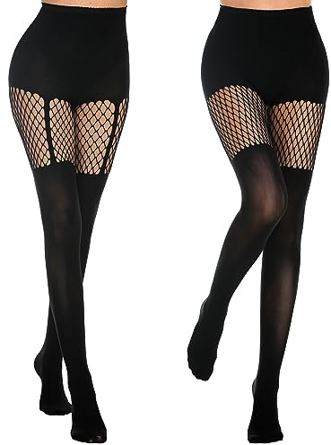 MANZI Womens Faux Thigh High Fishnet Stockings Stitching Opaque Pantyhose Mock Over the Knee Goth Tights Striped Suspender Nylons(1 Grid+1 Suspender)