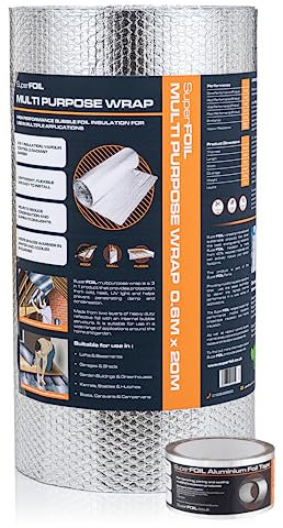 SuperFOIL Foil Insulation Roll and Aluminium Foil Tape Bubdle - 3-in-1 Sustainable Thermal Insulation Reflective Radiant Barrier & Vapour Barrier (Silver, 0.6m x 20m)