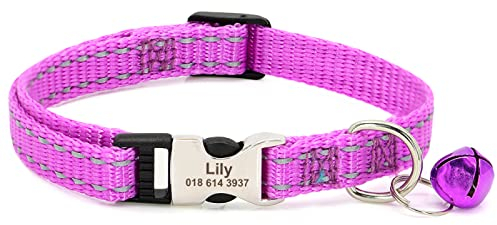 SARUEL Personalisiertes Hunde- Und Katzenhalsband,Reflektierend,Für Welpen,Katzen,ID-Halsbänder Mit Glöckchen-Gravur,Leicht,Für Katzen,Kleine Hunde,Chihuahua,Violett,19-30cm
