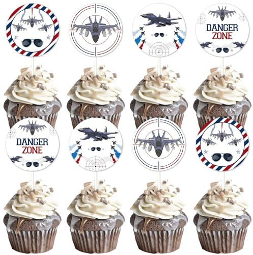 Cheereveal 24 Pieces Fighter Pilot Cupcake Toppers, Red and Blue Fighter Jet/Airplane/Aircraft/Air Force/Cupcake Picks, Aviator Aviation Themed Baby Shower Birthday Party Decoration Supplies