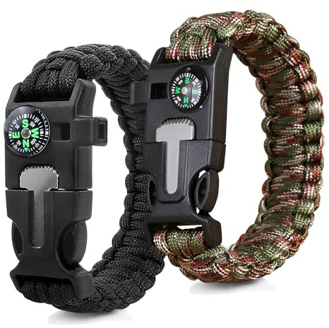 ZSMJAER 2 Pièces Bracelet Paracorde,Bracelet de Survie Multifonctionnel pour l'extérieur,Sifflet,Silex,Boussole pour Les Randonneurs,Les Aventuriers,Les Explorateurs pour Les Aventures en Plein Air