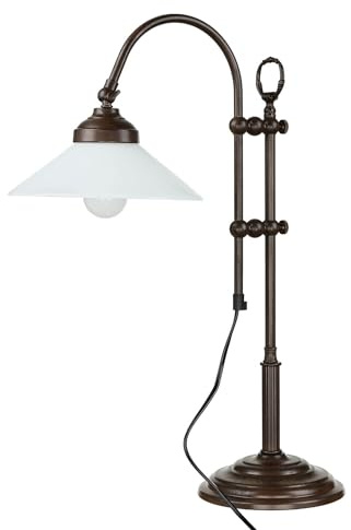 Licht-Erlebnisse Tischleuchte Messing massiv H: 49 cm E27 Glasschirm Kabelschalter Schreibtischlampe Braun Weiß Tischlampe Arbeitszimmer