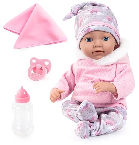 Bayer Design 93827AC Reborn Babypuppe, lebensecht, realistisch, Schnuller, Flasche, Decke, 38 cm