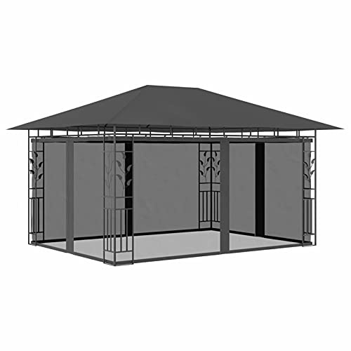 ARKEM Pavillon mit Moskitonetz 4x3x2,73 m Anthrazit 180 g/m² Wasserdicht Pavillon Metall Lagerzelt Pavillon Wasserdicht Stabil