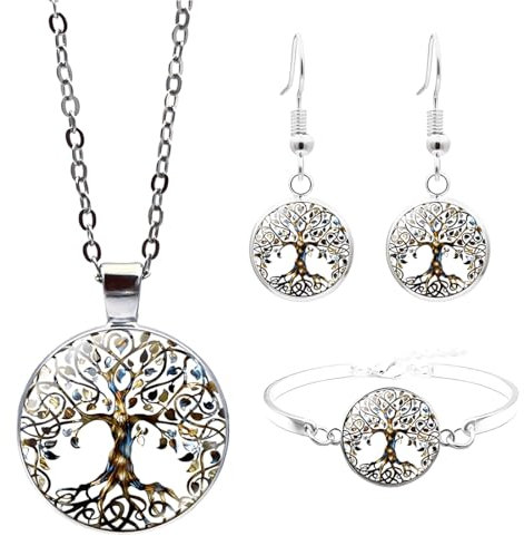 MenYiYDS - 1 SET TREE OF LIFE NECKLACE PENDANT, TREE OF LIFE BRACELET, TREE OF LIFE EARRINGS, JEWELLERY GIFT SET FOR GIRLFRIEND, WIFE, SISTER