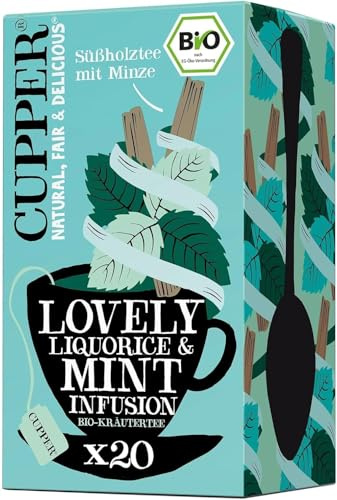 Cupper Bio Kräutertee Lovely Liquorice & Mint, Pfefferminztee, 20 ungebleichte Teebeutel, umweltfreundlich, fair gehandelt (Packung mit 5)