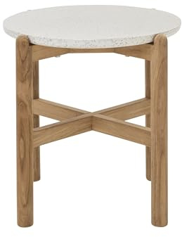 Dehner Beistelltisch Portofino, weiß/Hellbraun, Ø 45.5 cm, Höhe 47.8 cm | FSC® zertifiziertes Teakholz / Tischplatte aus Terrazzo