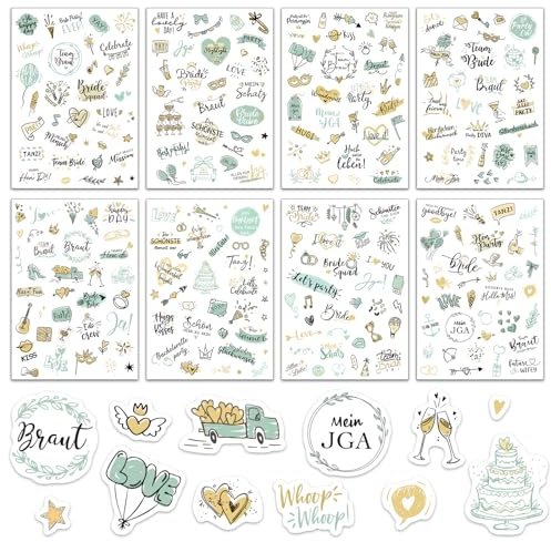 BETESSIN JGA Aufkleber Gästebuch Junggesellinnenabschied Deko Hochzeit Fotoalbum 300+ Motive Scrapbooking Eukalyptus Grün Fotobuch Bullet Journal Sticker in Deutsch