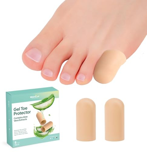 Welnove Gel Toe Cap and Protector - Infused Silicone Toe Covers - Pinky Toe Cushions for Pain Relief, Missing or Ingrown Toenails, Corns, Calluses, Blisters (8S, Beige)
