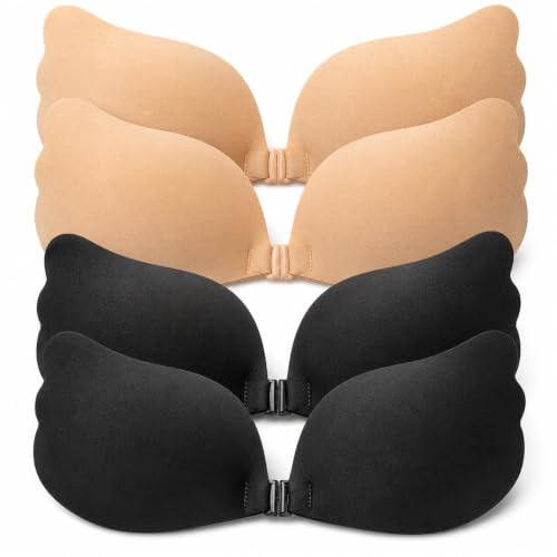Vazcan Pack de 4X Sujetadores Invisibles Negros & Beige Comodidad Invisible, Adhesivo Respetuoso y Fiable, y Soporte Natural (FR/ES, Tamaño de Copa & Medida de Contorno, D, 4, Negro y Beige)