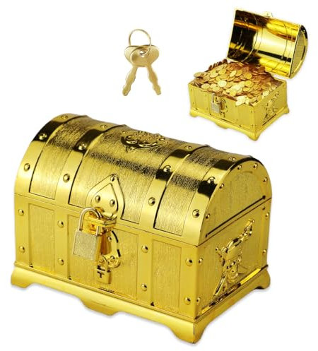 VicBou Schatzkiste Kindergeburtstag, Schatztruhe Goldmünzen, Box Verschließbar Mit Deckel Und Schloss Mit Schlüssel, für Aufbewahren Und Dekorieren, Kindergeschenk, 14x9.7x9.5cm