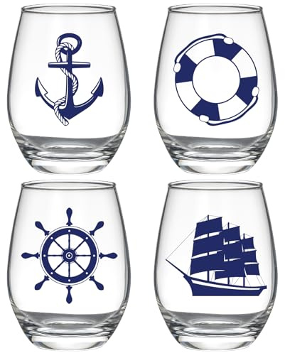 FACOYANS Nautische Weingläser, 4 Stück, Ankerkompass, Rettungsring, Helm, Strandhausgläser, 425 ml, Küstenmotiv, Ozean, Strand, Stiel, Weingläser für Wein oder Cocktails