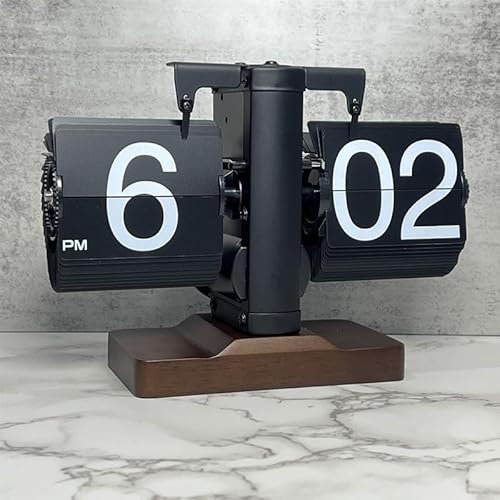 Topiky Flip Desk Clock, Retro Vintage Mechanical Flip Desk Table Clock, Black Walnut Base, Battery Powered Internal Gear Operated Clock, For Living Room, Study Room and Office (Black)
