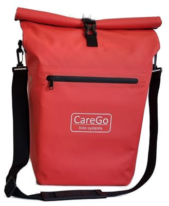 CareGo - große, abschließbare und wasserdichte Gepäckträgertasche – 23 L bis 28 L – Fahrrad Packtasche in Rot, hinten – mit Reflektoren, Schultergurt und Zahlenschloß
