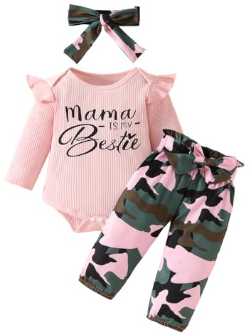 LUVCES Ropa Bebé Niña Recién Nacida de Manga Larga con Volantes Acanalados + Pantalón Floreado + Diadema Conjunto Bonito de Otoño 3Pcs rosa camuflaje 0-3 Meses