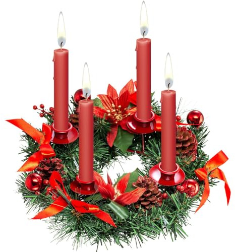 JOYWU Christmas Advent Wreath Candle Holder,30cm Xmas Advent Wreath Decoration with Candle Holder,Red Berries,Pine Cone and Bow,Christmas Tabletop Centerpiec,Not Including Candles (red)