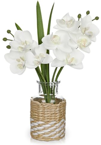 Arborus Orchidée artificielle en verre - 29 cm - Avec panier tressé - Fleurs artificielles comme de véritables petites fleurs décoratives - Table - Étagère - Rebord de fenêtre - Décoration bohème