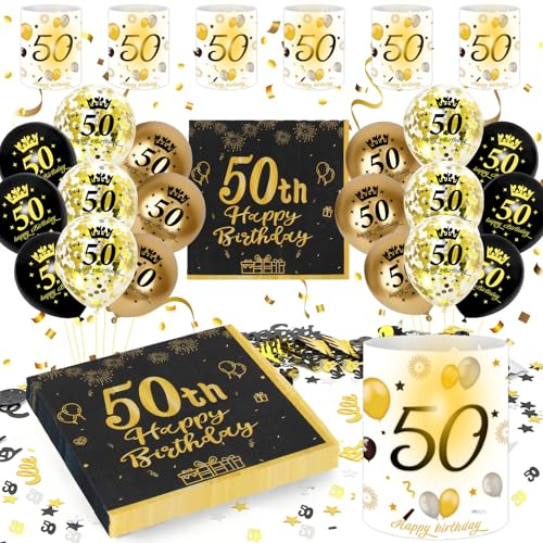 50 Geburtstag Deko Männer Frauen, Schwarz Gold Luftballons 50. Geburtstag | Geburtstagsdeko 50 Jahre, Schwarz Gold Party Deko, Happy 50th Birthday, Latexballons, Laternen, Servietten und Konfetti