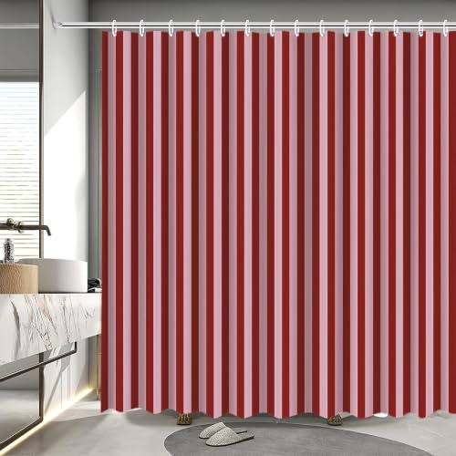 MEHOFOND Gestreifter Duschvorhang, rosa und rot, gestreift, Vintage, Duschvorhang für Badezimmer, modern, abstrakt, minimalistisch, Badezimmer-Dekor, Badewannen-Dekor, Stoff, wasserdicht, Badvorhang