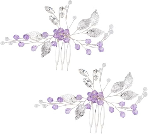 Laroal Elegantes Haarkamm-Stirnband mit Blattkristall-Strasssteinen für die Braut – Lila und Silber, Hochzeits-Tiara für Frauen, Mädchen, Brautjungfern (14 x 7,5 cm)