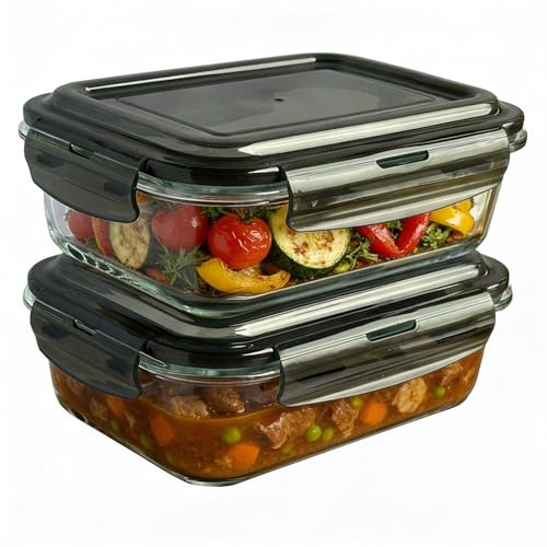 MantraRaj Airtight Glass Food Storage Container BPA-Free & Leak Proof Silicone Seal Plastic Lids Glass Meal Prep Takeaway Lunch Boxes Microwave, Oven, Freeze & Dishwasher Safe Reusable (2 Pcs 1100ml)