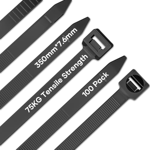 NEEKFOX Bridas Negras 350mm x 7.6mm, 100 Piezas, Bridas Resistentes a los Rayos UV con 75 kg de Resistencia a la Tracción, Bridas Autoblocantes para la Gestión de Cables, Jardinería, Talleres