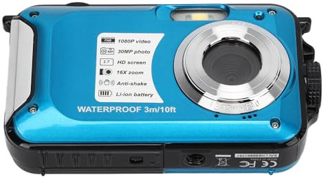 Qukaim Appareil photo numérique étanche 30 MP 1080p, zoom 16x, caméra sous-marine de 3 m pour plongée avec tuba et camping, design compact, léger, bleu