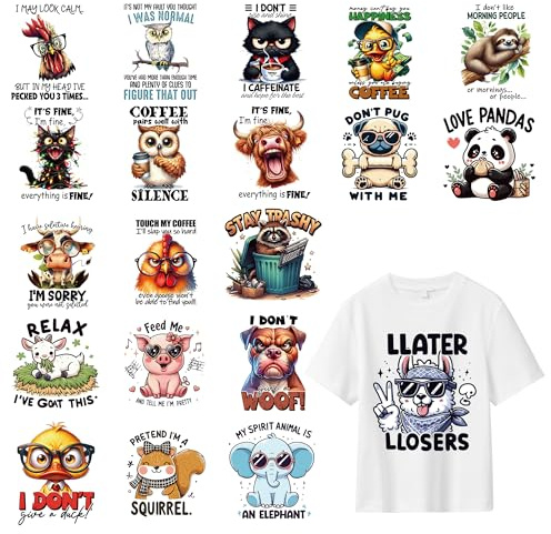 Dtf Shirt Transfers Ready Press - 20 Pcs Funny Animal Iron on Transfers Sarcastic Cat Dog Cow Love Pandas Patterns Heat Transfer Vinyl Stickers Decals for Clothes Patches Bag Pillow DIY Decor