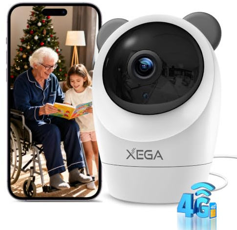 Xega Caméra 4G Intérieure Filaire, SIM, 24/7, sans WiFi, 2K Vision Nocturne | Détection Mouvement, Sirène, Audio Bidirectionnel, Rotation 355°/60°, Stockage TF/Cloud