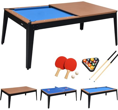 Devessport New Alejandría Mesa de Billar 3 en 1 de 7 Pies | Billar, Ping Pong y Mesa Comedor | Estructura con Patas Metálicas Reforzadas