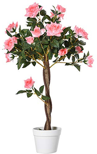 Outsunny 90cm Árbol de rosas artificial con tronco retorcido Rosa | Planta falsa decorativa, 350 hojas de seda, 21 flores, resistente UV, exterior/interior, jardín, porche.